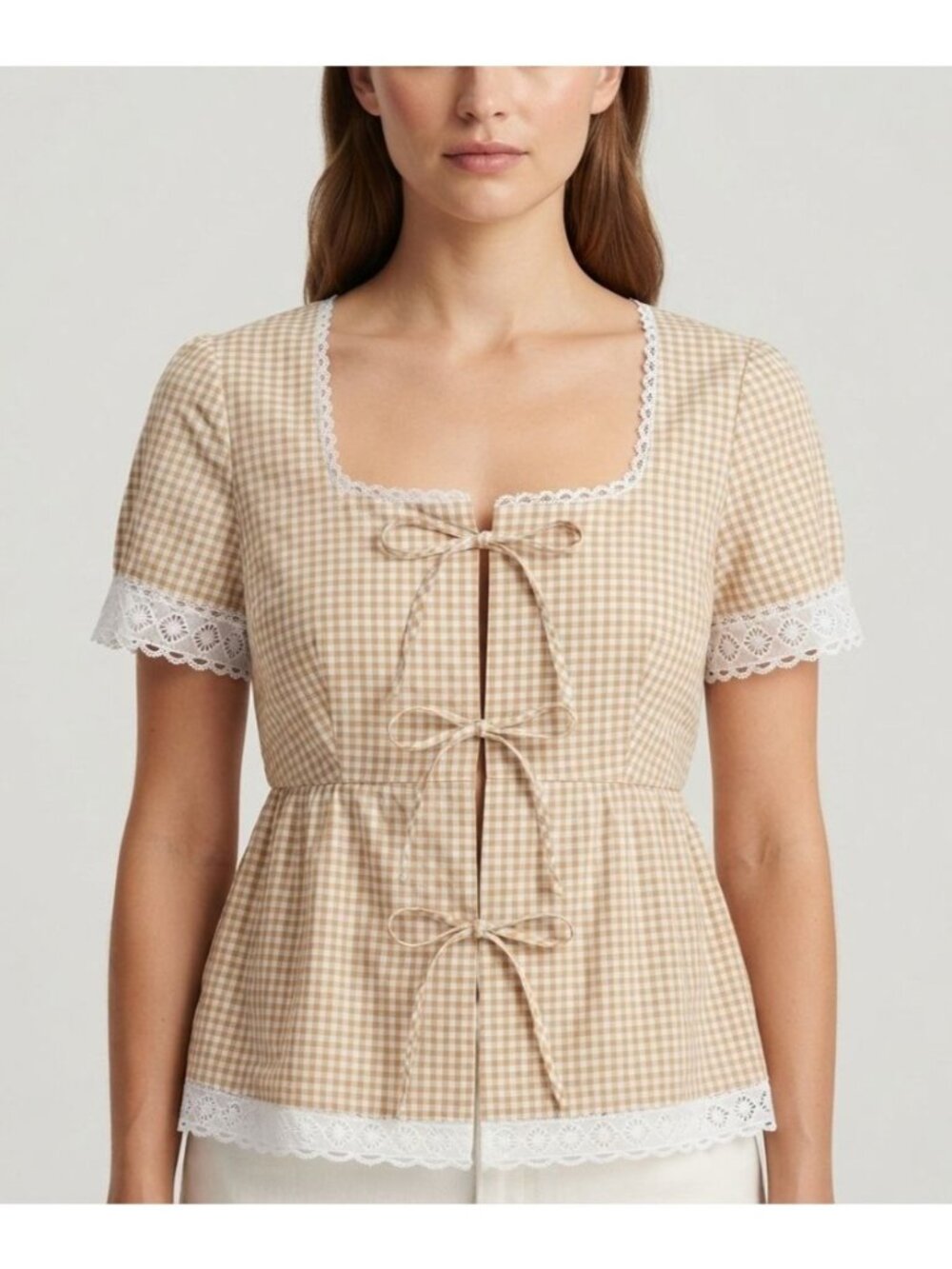 NWT Women's - Bagatelle Gingham Square Neck Tie Front Top, Size Medium